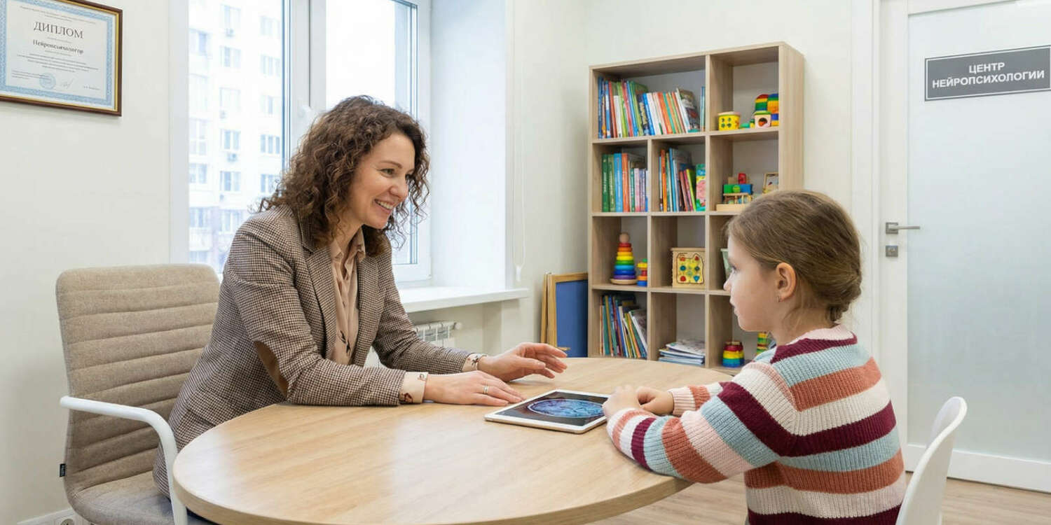 Нейропсихолог общается с ребёнком Нейропсихолог общается с ребёнком